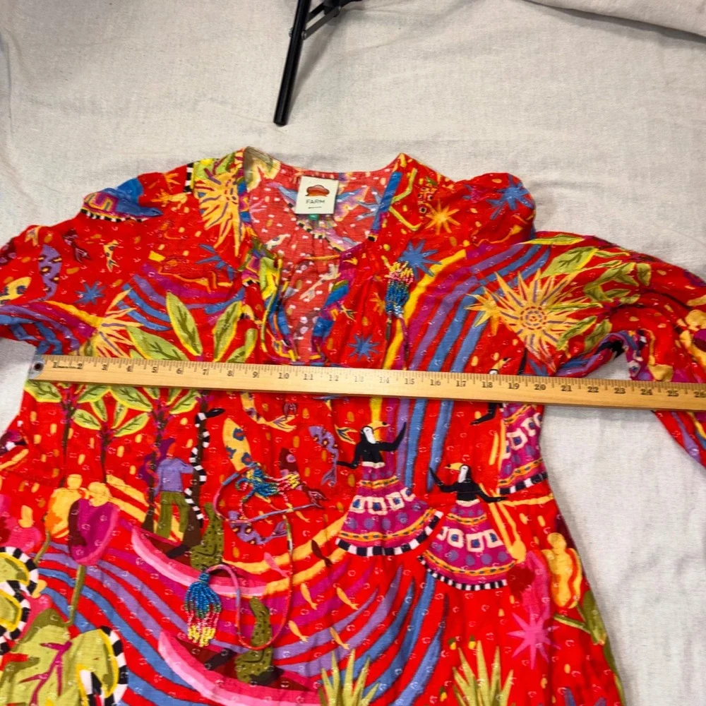 Farm Rio Red Toucan Pineapple Print Cotton Mini Dress XL Beaded Tassels Bright